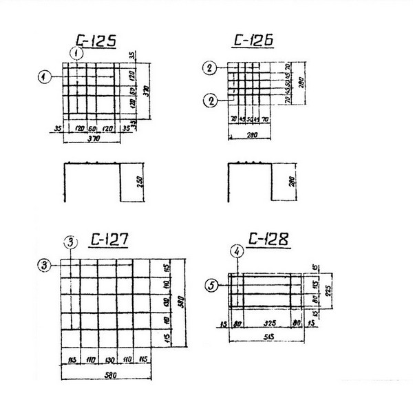 Фундамент Ф2-0, КЖ-74, страница 87 - спецификация арматуры на сетки С-125, С-126, С-127, С-128, спираль 144, спираль 135, сетка С-161
